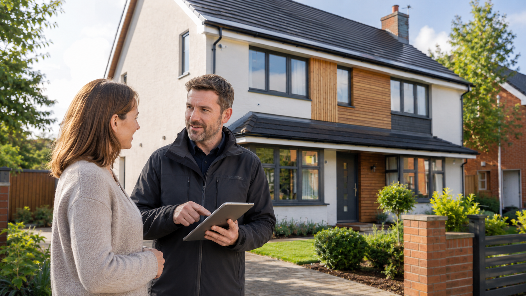 Sublime retrofit assessor discussing home energy improvements with a homeowner